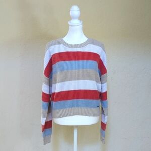 Hollister Crew Neck Cropped Tan Blue Multi Colorblock Striped Sweater Size XS